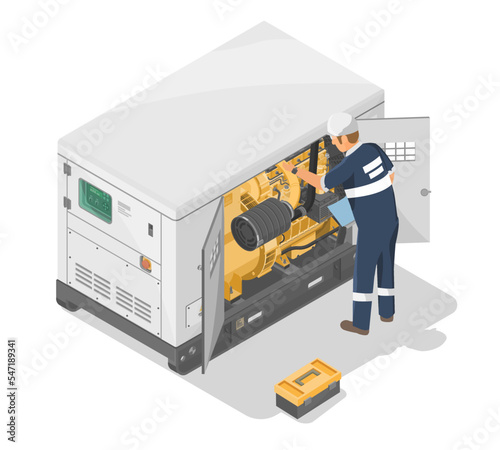 silent power generators station servicing checks list times maintenance service team engine motor isometric for industry and construction equipment yellow in white isolated