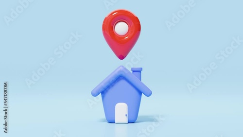 3d blue house, location pin, white bubble icon. Red GPS navigator checking points floating on cute home. Business investment, real estate concept. Cartoon icon minimal. 3d render with Alpha channel.