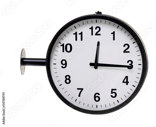 Isolated wall clock showing a quarter past twelve.