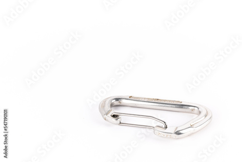 Metal carabiner on white background