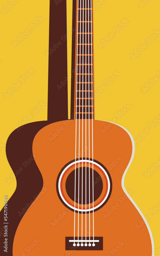 Vector illustration of a guitar on a yellow background. Minimalistic illustration in trendy colors. Musical concept.