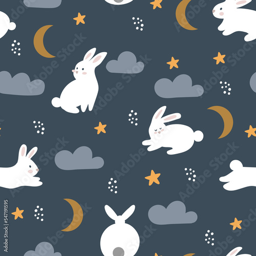Bunny, moon and stars seamless pattern. Minimal concept. Minimal concept. White rabbits on dark background.
