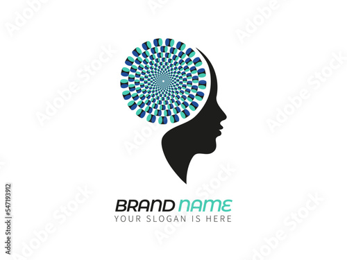 Vector neuroscience logo design. Brain icon. Digital profile face innovation intelligence mind.