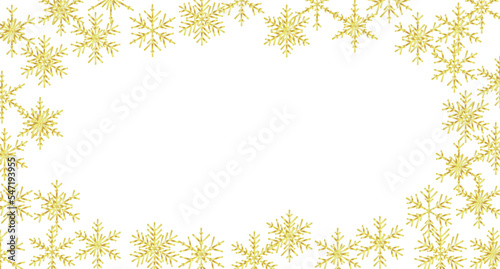 Christmas golden snowflakes blank frame illustration. Greeting card winter background with copy space. Happy New Year.