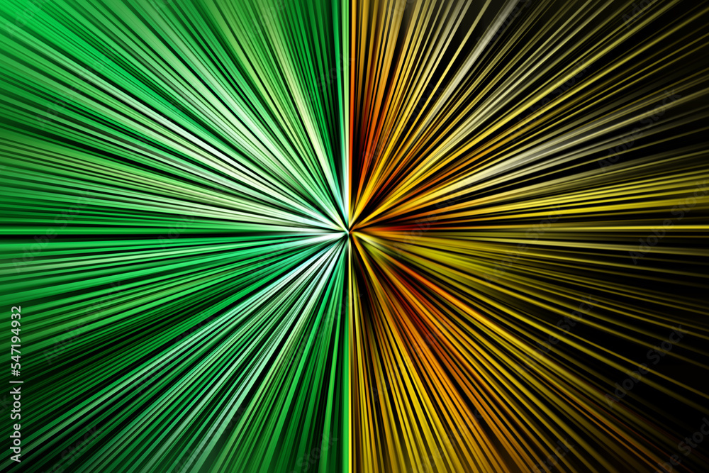 Obraz premium Abstract surface of blur radial zoom in green, orange, yellow colors on a black background. Vivid and spectacular background with radial, diverging, converging lines 