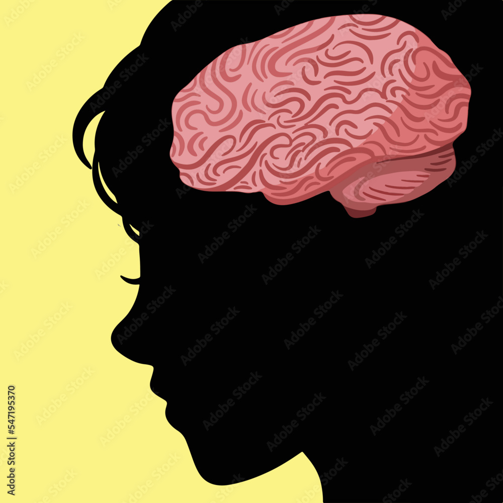 Brain organ on a human head face silhouette vector illustration on yellow background. Thinking smart themed drawing with cartoon styled flat art style. Brain organ on a human head face silhouette vector illustration on yellow background. Thinking smart themed drawing with cartoon styled flat art style.