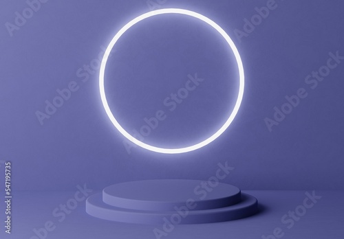 Blue purple pastel pedestal of platform display stand podium with glowing white lighting circle on blue purple background. Empty product shelf. 3D rendering