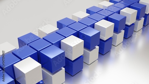 3d White and blue Cubes Lined Up And Scattered On A White Background