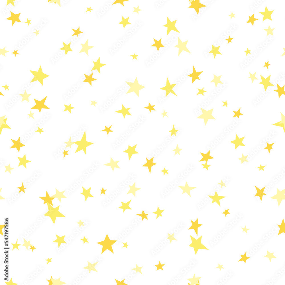 Obraz premium Seamless abstract pattern with little sharp yellow stars on white background. Vector illustration. Magic confetti. Stardust background.