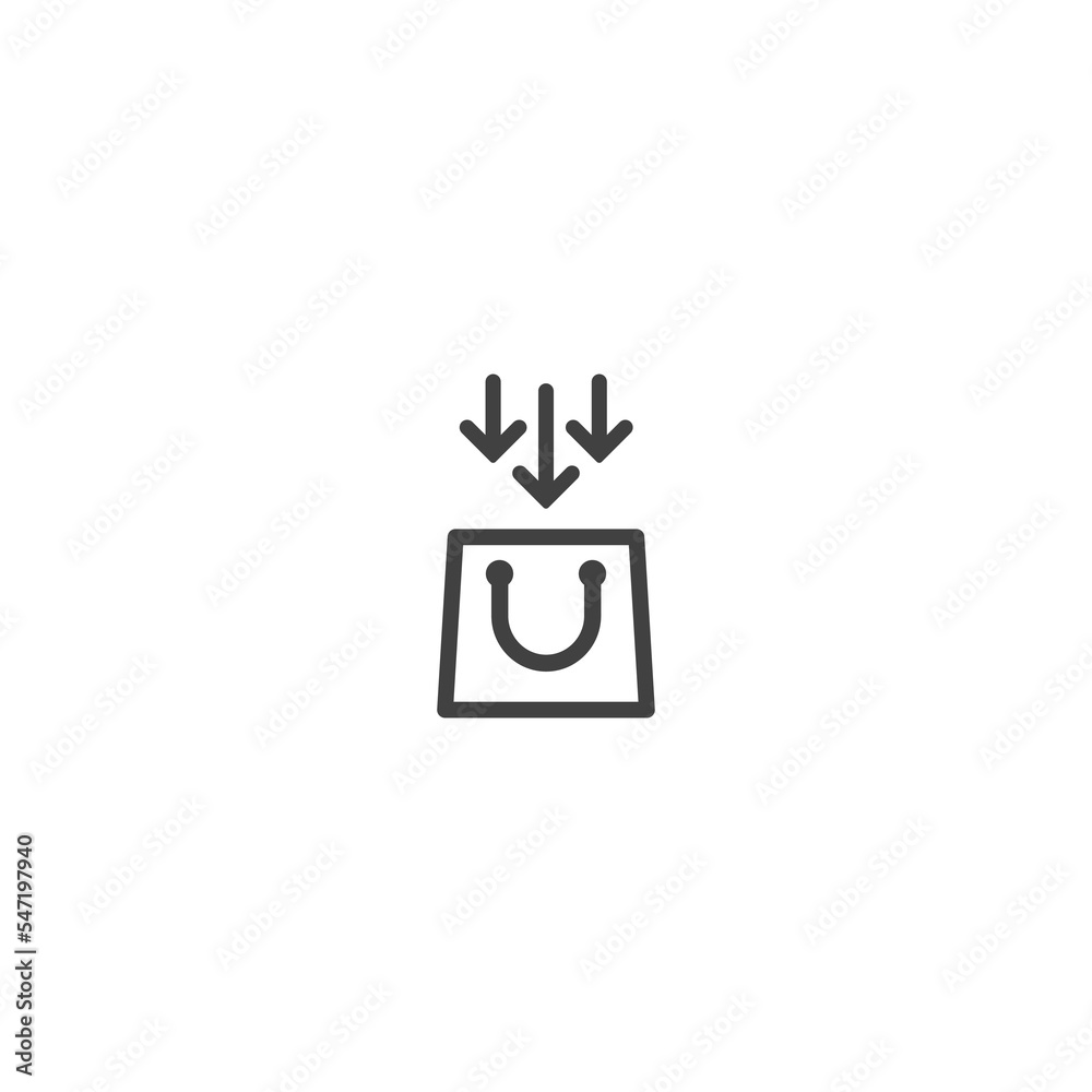 Obraz premium black outline silhouette of shopping paper bag with arrows. flat icon isolated on white. vector illustration. Stylish package for purchase. Add item simple pictogram.