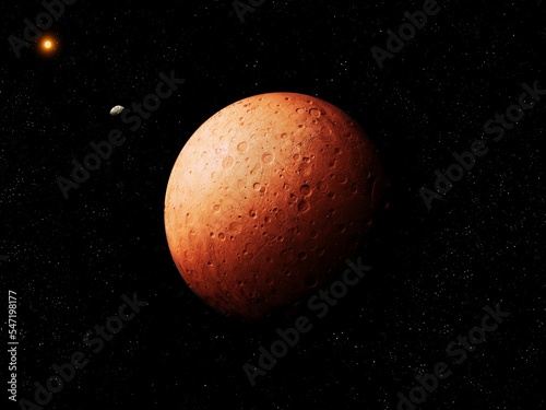 Red planet in space with asteroid. Rocky planet covered with craters. Cosmic background.