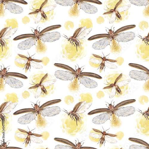 Vintage watercolor seamless pattern with glowing fireflies on white background. © Elizaveta