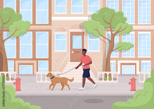 Dog walking flat color raster illustration. Modern urban lifestyle. Public area. Male city resident with cup of coffee and dog 2D simple cartoon character with cityscape on background