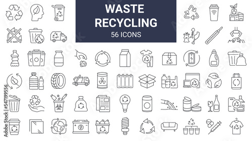 Set of 56 recycling waste line icons. Garbage disposal. Trash separation, waste sorting with further recycling. Editable stroke photo