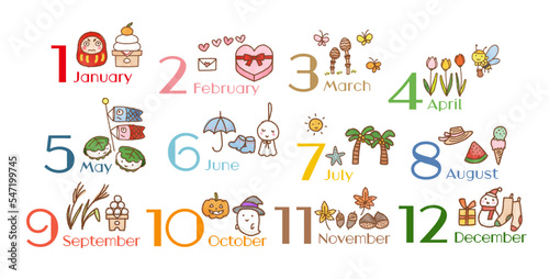 12ヵ月の風物詩イラストセット（水彩とクレヨン）