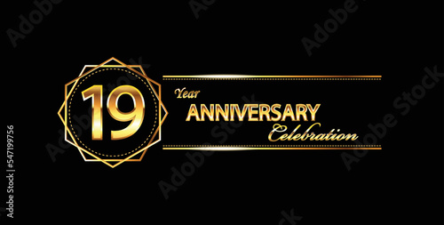 19 anniversary celebration. 19th anniversary celebration. 19 year anniversary celebration with gold shine and black background.