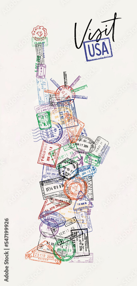 Statue of liberty made from a passport stamps different countries with lettering visit USA poster style