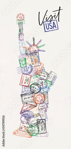 Obraz na płótnie Statue of liberty made from a passport stamps different countries with lettering visit USA poster style w salonie