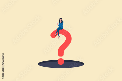 Business woman sitting on question mark. concept of business solution, confusion and conclusion