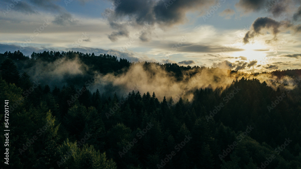 Zachód słońca we mgle, Bieszczady, Polska. Zachód słońca we mgle, Bieszczady, Polska.