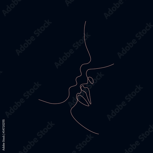 Silhouette of a couple in love in pink color on a dark blue background