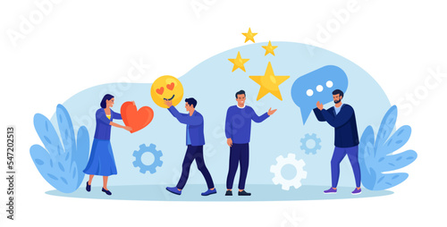 Customer feedback rating. People giving emoticon such as stars, thumbs up, heart sign. User experience or client satisfaction. Client opinion for product and services. Business satisfaction support