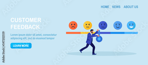 Businessman Pushing Arrow to Vote for Product and Services Quality. Customer Satisfaction Surveys with Emotions Icons, Emoji. Client Rating and Feedback. Evaluation of User Experience