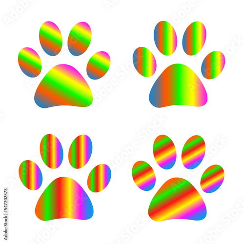 Animal paw prints with multicolored striped gradient design icon set.