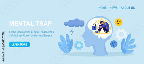 Head silhouette with mental trap as closed cage. Psychological mindset problem as feeling like trapped in birdcage. Stuck in comfort zone. Personal growth issue. Person with distorted world view