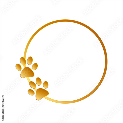 Golden round frame with pet paw prints.