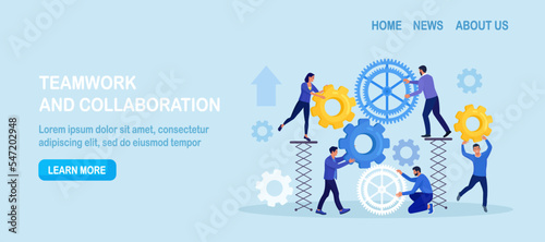 Business organization. Teamwork. People working together to help success mission. Businessmen are engaged in business promotion. Cooperation or community concept. Employees create mechanism with cogs