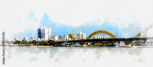 Watercolor style digital art of Da Nang city panorama with skyscrapers and beautiful architecture bridges along Han River on a beautiful bay