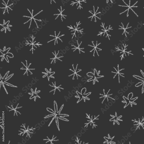 Hand Drawn Snowflakes Christmas Seamless Pattern. Subtle Flying Snow Flakes on chalk snowflakes Background. Beauteous chalk handdrawn snow overlay. Ecstatic holiday season decoration.