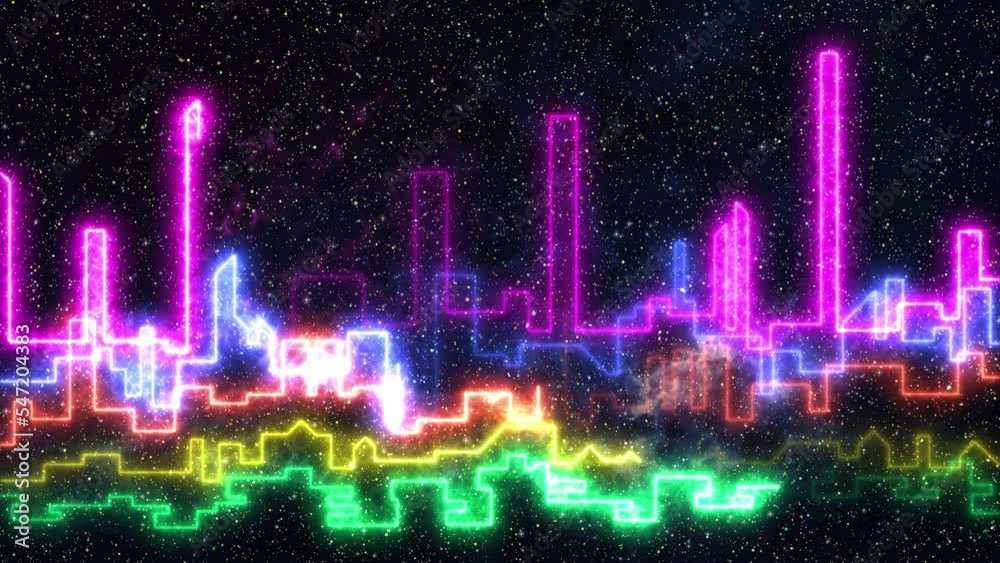 Continuously moving neon lines across the starry night sky form the silhouette of a colourful laser city.