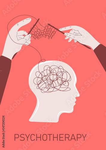 Human hands knitting from thread of chaos in the heads silhouette. Mental health.Psycho therapy concept. Therapist and patient. Vector illustration for psychologist blog or social media post