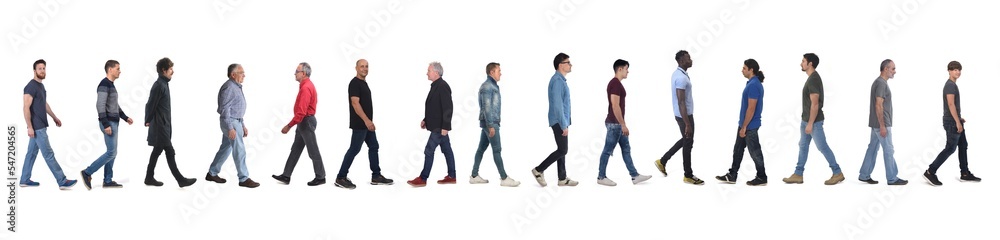 side view large group of man with jeans walking  on white background