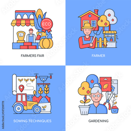 Farming and gardening - set of line design style colorful illustrations