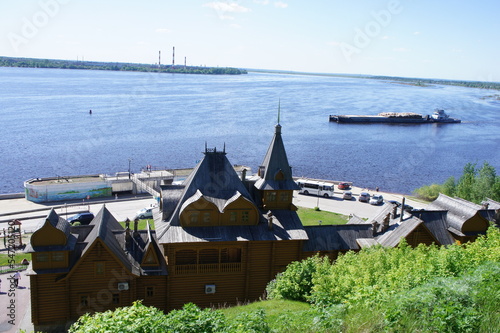 A ship on the Volga River against the background of the 