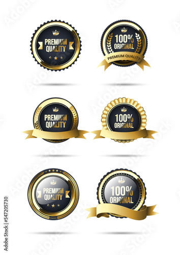 3d gold and black premium quality badge collection. Realistic premium warranty badge with ribbon and laurel wreath