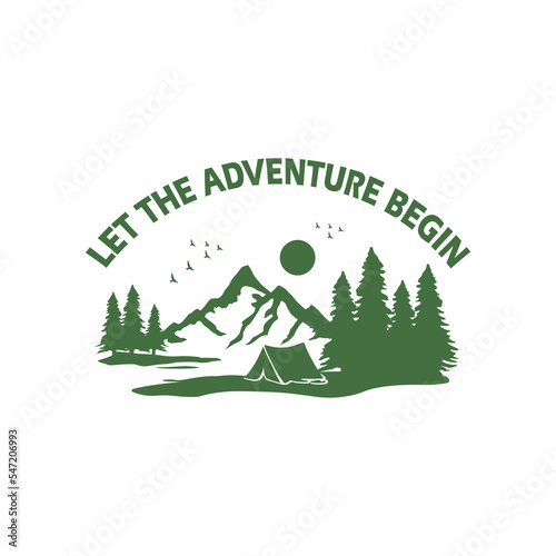 let the adventure begin with a vector of vintage camping and outdoor adventure logos, landscape, and design elements, suitable print for t-shirt