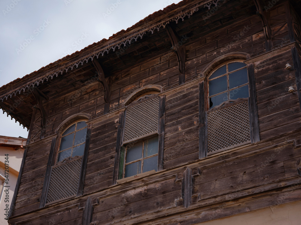 street and details of design of houses in town of Ormana Ibradi Antalya Turkey in autumn sunny day. Buttoned houses in Ormana district are quite remarkable