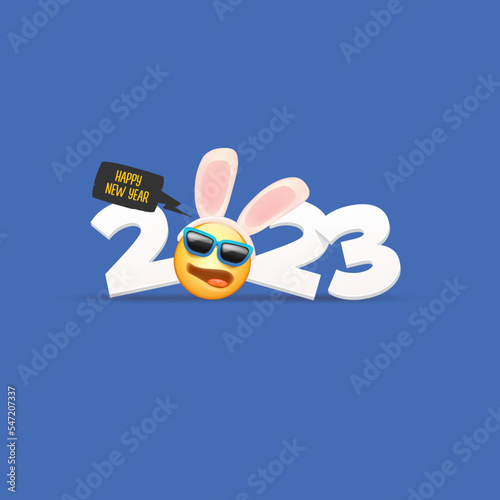 2023 Happy new year square banner with funny smile face with rabbit ears and sunglasses isolated on blue background. 2023 new year square banner, poster, flyer, cover with funny cute rabbit