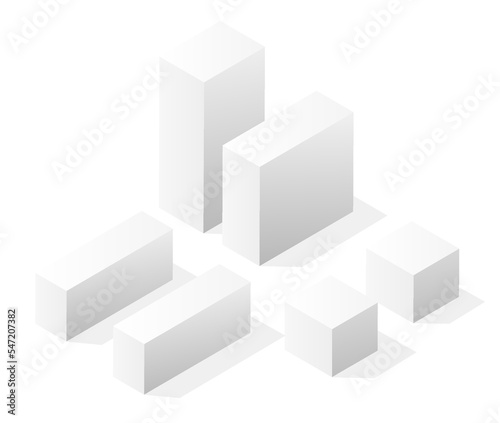 A vector isometric illustration of a white city on white design street buildings