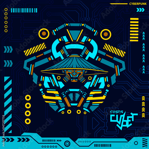 Samurai cyberpunk ninja design with dark background. Abstract technology vector illustration.