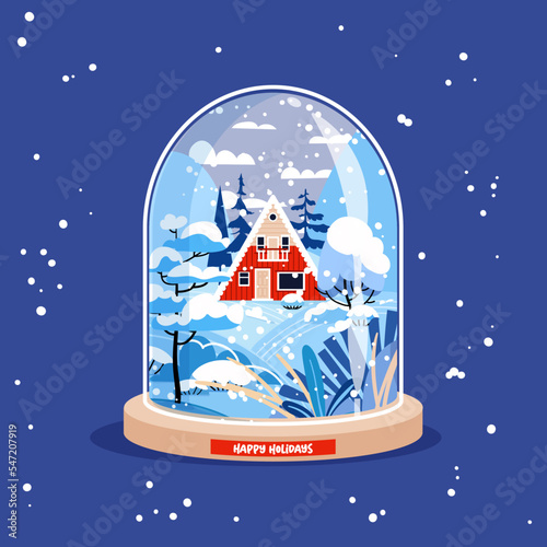 Glass snowballs with a winter landscape. Christmas Snow forest and house. Vector happy holiday illustration
