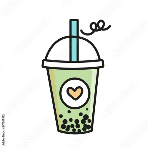Green bubble tea color simple illustration for cafe. Glass of tea vector illustration isolated on white background.