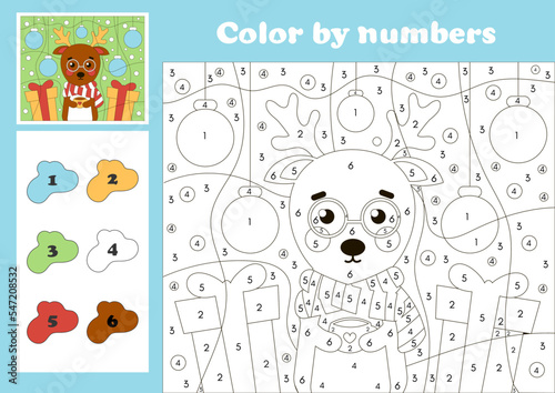 Christmas number coloring page for kids with cute deer character and ornaments