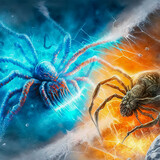 animal fighting. Abstract Fire and Ice element against. Heat and Cold concept. 3d illustration.