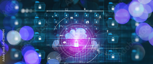 Businesswoman using digital tablet computer for protecting data document personal information on virtual interface.Cyber security network.Internet cloud network security. Padlock icon.