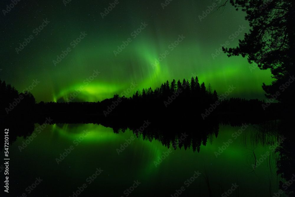 Strong Aurora borealias by the lake in eastern Finland in autumn night.